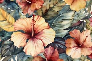 Aquarell tropisch Hibiskus Blumen im ein nahtlos Muster können Sein benutzt wie Stoff Hintergrund wickeln. ai generiert foto