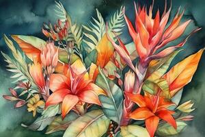 Aquarell Illustration von tropisch Blumen. ai generiert foto