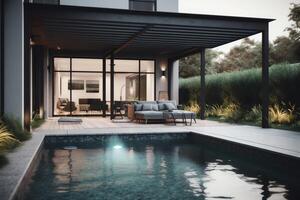 modern Terrasse draussen mit Schwimmen Schwimmbad modern Haus Innere und Außen Design. ai generiert foto