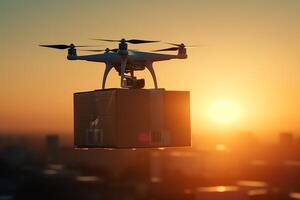Foto von Drohne Lieferung ein Paket Sonnenuntergang Licht Kontrast hoch. ai generiert