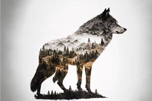 doppelt Exposition generativ ai von ein Wolf und Urwald auf Weiß Hintergrund. Camping Konzept. Jahrgang Grizzly zum T-Shirt Design, Aufkleber, Poster, und Hintergrund. foto