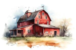 Aquarell rot Scheune Hand gemalt Bauernhaus Illustration. ai generiert foto