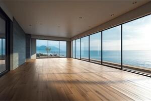 leeren Zimmer Innere Design öffnen Raum mit groß Panorama- Fenster Balkon auf Meer Panorama- Aussicht Parkett hölzern Fußboden modern zeitgenössisch die Architektur. ai generiert foto