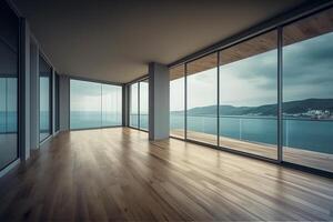 leeren Zimmer Innere Design öffnen Raum mit groß Panorama- Fenster Balkon auf Meer Panorama- Aussicht Parkett hölzern Fußboden modern zeitgenössisch die Architektur. ai generiert foto