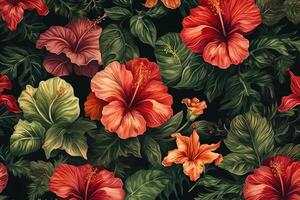 Hibiskus Muster mit üppig Vegetation perfekt exotisch Kulissen. ai generiert foto