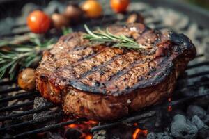 gegrillt Steak Fleisch auf ein Grill Party im Garten Sommer und Essen Konzept. ai generiert foto