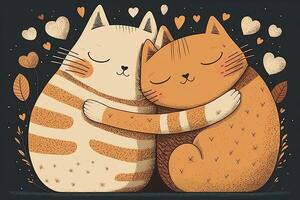 Katze Liebe. Katze Paar umarmen, kuscheln und küssen. zwei süß Katze Kätzchen im Liebe halten rot Herz auf Valentinsgrüße Tag. generativ ai foto