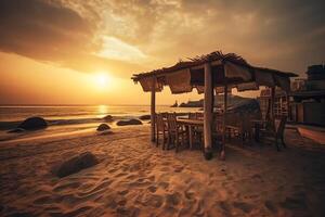 schön romantisch Strand Bar mit Seelandschaft beim Sonnenuntergang oder Sonnenaufgang Idee perfekt Sommer- Ferien Hintergrund Hintergrund. ai generiert foto