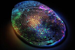 Foto von holographisch Fingerabdruck Sicherheit im das Digital Alter, schützen groß Daten mit ai Technologie generativ ai. Fingerabdruck integriert im ein gedruckt Schaltkreis, loslassen binär Codes.