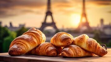 herrlich Französisch Croissants auf nostalgisch Stiftung von Eiffel Turm, Paris. kreativ Ressource, ai generiert foto