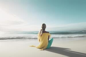 zurück Aussicht von ein Frau Sitzung auf ein Strand. ai generiert foto