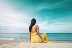 zurück Aussicht von ein Frau Sitzung auf ein Strand. ai generiert foto