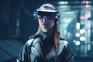 ein Frau tragen ein virtuell Wirklichkeit Headset. ai generiert foto