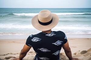 zurück Aussicht von ein Mann tragen ein Hut Sitzung auf ein Strand. ai generiert foto