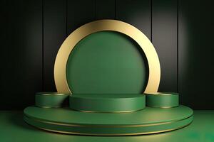 Luxus Grün und golden Bühne Podium zum kosmetisch Produkt Anzeige Präsentation minimal Szene. ai generiert foto