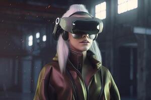 ein Frau tragen ein virtuell Wirklichkeit Headset. ai generiert foto