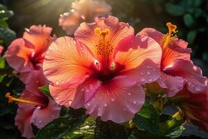 Insel Paradies Hibiskus Blumen glitzernd im das Sonne. ai generiert foto