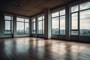 leeren Zimmer Ecke Aussicht mit groß Fenster. ai generiert foto