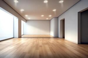 3d machen von modern leeren Zimmer mit hölzern Fußboden und groß Weiß einfach Mauer. ai generiert foto
