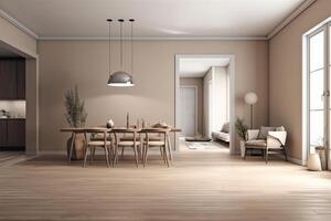 modern Innere Design von Wohnung Essen Zimmer mit Tabelle und Stühle leeren Leben Zimmer mit Beige Mauer Panorama 3d Wiedergabe. ai generiert foto