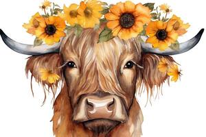 Sonnenblumen Kuh Kopf Clip Art schön Blumen auf Hochland Kühe. ai generiert foto