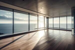 leeren Zimmer Innere Design öffnen Raum mit groß Panorama- Fenster Balkon auf Meer Panorama- Aussicht Parkett hölzern Fußboden modern zeitgenössisch die Architektur. ai generiert foto