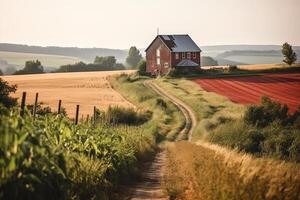 Felder mit ein rot Scheune im das Sommer Landschaft Landschaft Rahmen Bauernhof Konstruktion Bauernhof Erziehung. ai generiert foto