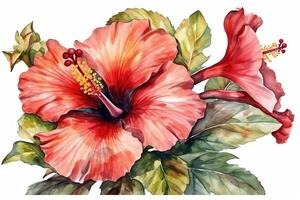 Hibiskus Blume gemalt im Aquarell auf ein isoliert Weiß Hintergrund botanisch Illustration tropisch Blumen. ai generiert foto