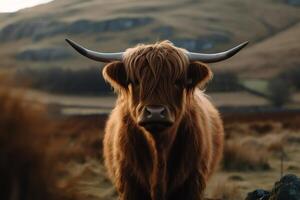 Hochland Kuh im Schottland Schlucht. ai generiert foto
