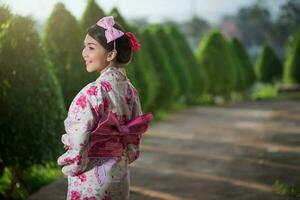 schön jung Frau tragen japanisch traditionell Yukata foto