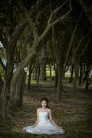 asiatisch Mädchen im Hochzeit Kleid im das Wald foto