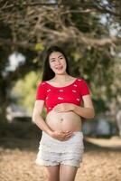 Bild einer schwangeren Frau, die ihren Bauch mit den Händen berührt foto