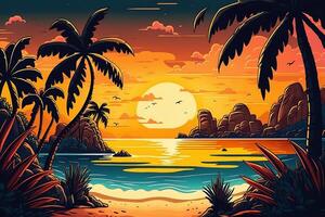 tropisch Strand mit Ozean Sonnenuntergang und Palme Bäume, Karikatur Sommer- Sicht, Illustration mit Sommer- Hintergrund, generativ ai foto