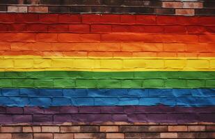 ai generativ. Stolz Regenbogen lgbt Fröhlich Flagge auf ein Backstein Mauer foto