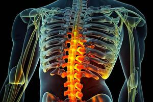 Röntgen von ein Person Rücken mit das Rücken Bereich beleuchtet. generativ ai foto