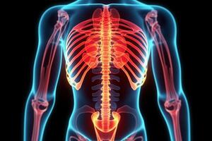 anatomisch Mensch Skelett im Neon- rot glühen. schwarz Hintergrund. generativ ai foto