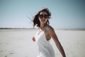 ein Mädchen tragen Sonnenbrille und ein Weiß Sommer- Kleid Spaziergänge auf das Strand. generativ ai foto