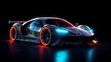 abstrakt futuristisch Auto Design im Neon- Farbe. Hintergrund, schwarz Hintergrund. generativ ai foto