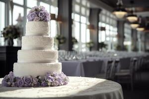 groß Hochzeit Kuchen auf das Tabelle im das Bankett Halle. generativ ai foto