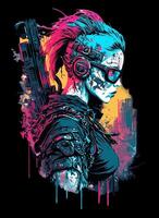 Cyberpunk t Hemd Design. Illustration von ein farbig Panne. ai generiert foto