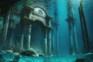 Fantasie unter Wasser Seelandschaft mit hat verloren Stadt. generativ ai foto
