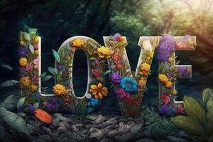 ai generiert Briefe Liebe mit bunt Blumen Stand im Natur. foto