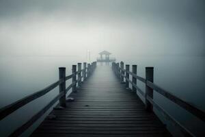 Nebel auf das See mit hölzern Seebrücke. ai generiert foto