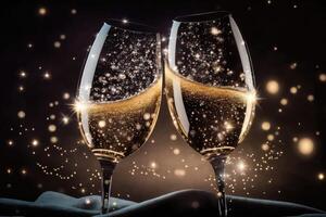 ai generiert zwei Champagner Brille mit Champagner und funkelnd Sterne. foto