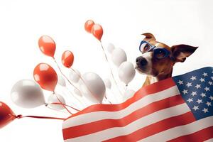 süß Hund Hündchen genießen USA Unabhängigkeit Tag ai generativ mit Sonnenbrillen und Ballons foto
