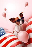 süß Hund Hündchen genießen USA Unabhängigkeit Tag ai generativ mit Sonnenbrillen und Ballons foto