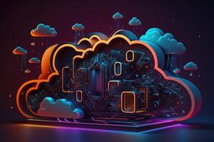 ai generiert 3d Wolke Computing Technologie Konzept. Digital Illustration Neon- Hintergrund. foto