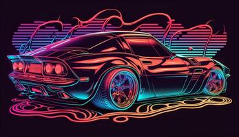 Cyberpunk futuristisch retro Welle Synth Welle Auto, retro Sport Auto mit Neon- Hintergrundbeleuchtung Konturen, generativ ai foto