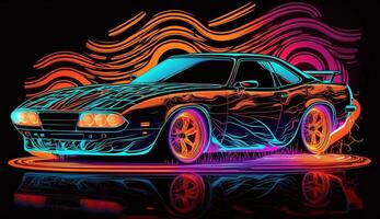 Cyberpunk futuristisch retro Welle Synth Welle Auto, retro Sport Auto mit Neon- Hintergrundbeleuchtung Konturen, generativ ai foto