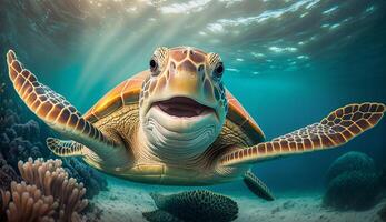 Porträt von ein glücklich Meer Schildkröte Schwimmen unter Wasser. generativ ai foto